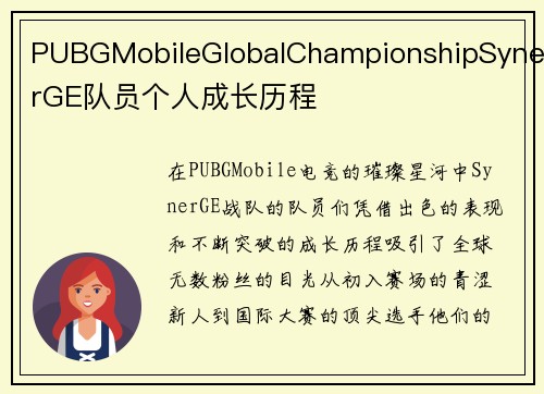 PUBGMobileGlobalChampionshipSynerGE队员个人成长历程