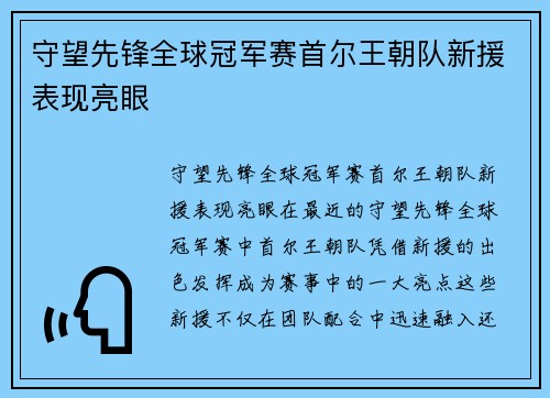 守望先锋全球冠军赛首尔王朝队新援表现亮眼