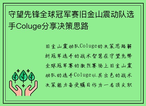 守望先锋全球冠军赛旧金山震动队选手Coluge分享决策思路